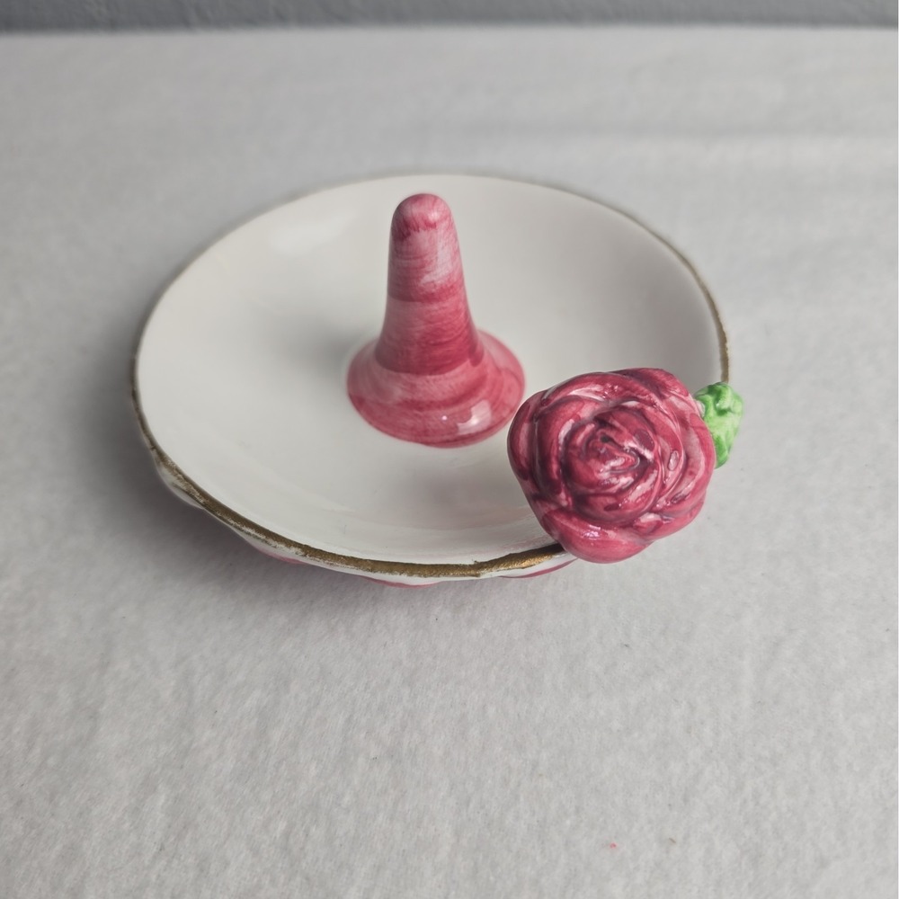 Cottagecore Pink Rose Porcelain Ring Holder Floral Jewelry Dish 4"